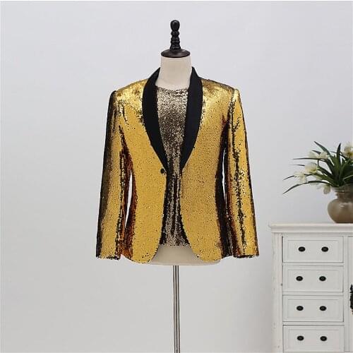 One Button Gold Sequins Costume for Singer Nightclub Party DJ Blazer Slim Male Large Size Coat Shiny Jacket