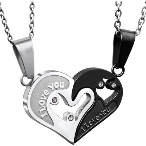 Modyle Blue Black Gold Color Stainless Steel Mens Womens Couple Necklace Pendant Love Heart CZ Wedding Jewelry