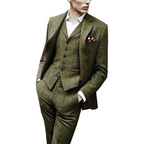 Tweed Mens Suit Slim Fit 3 Pieces Windowpane Check Formal Tuxedos Shawl Lapel Suits (Blazer+vest+Pants)