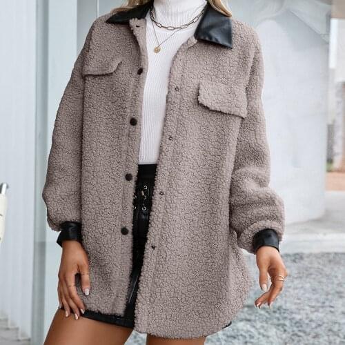 Single Breasted Pocket Teddy Coat Female 2021 New Autumn Winter Faux Fur Coat Women Casual Warm Soft Patchwork Fur Jacket