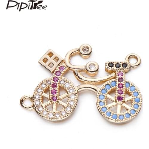 Pipitree Colorful Micro Paved Cubic Zirconia Bicycle Charms Connectors fit Bracelet Pendant Brass DIY Jewelry Charms Accessories