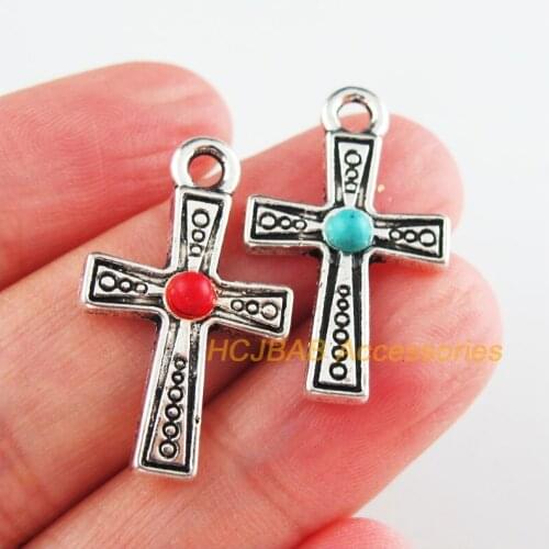 12 New Cross Charms Tibetan Silver Tone Red & Blue Stone Flower Pendants 16x27mm