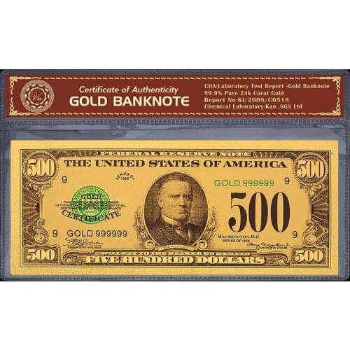 Home Decor Gold Plated Banknote Paper Money USD 500 American Currency Copy USD Money Bills Creative Souvenir Gifts pack of 5pcs