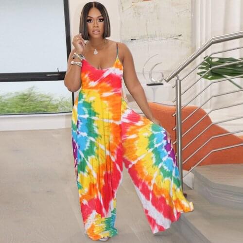 Rainbow Tie Dyeing Print Two Piece Set Tracksuit for Women Spaghetti Strap Side High Split Extended Edition Top+wide Leg Pants