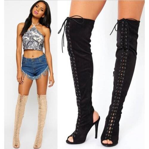 Hot Selling Cheap Black Beige Suede Leather Over The Tight High Sandal Boots Peep Toe Back Heel Lace-up Gladiator Sandal Boot