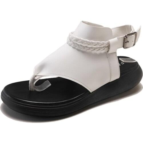 2021Summer Women Sandals Women Genuine Leather New Thick Bottom Clip Toe Sandals Ladies Roman Shoes Black