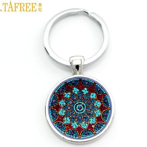 TAFREE vintage fashion men women mandala glass cabochon keychain buddhism zen charm purse bag car pendant key chain holder CT391