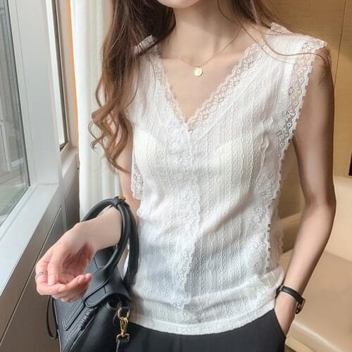 Shintimes Lace Vintage Black Tank Top Women Clothes 2020 White Summer Sleeveless Ladies Tops V-Neck Camisole Camis Haut Femme
