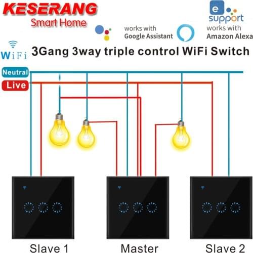 3pcs EweLink APP Smart switch Wifi Light Switch 1 Gang 3 Way Timer Switch EU Glass Screen Touch Panel Voice Control Wall Switch