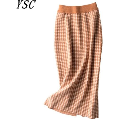 YSC 2020 Latest style Womens Knitted Cashmere Skirt Checker style color Fork opening Soft and high quality Tight fitting skirt