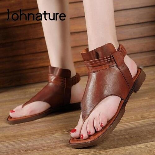 Johnature Women Sandals Genuine Leather Casual Women Shoes 2020 New Retro Elastic Band Sewing Flat With Handmade Ladies Sandals