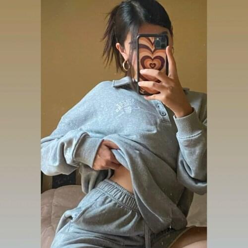 Letter Embroidery Cotton Sweatshirts Women Autumn Long Sleeve Gray Cotton Soft Pullover Hoodie Vintage Streetwear Oversize Tops