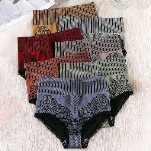 Women High Waist Panties Plus Size Underwear Female Abdomen Hip Lift Briefs Double Bottom Crotch Lace Seamless Sexy Lingerie