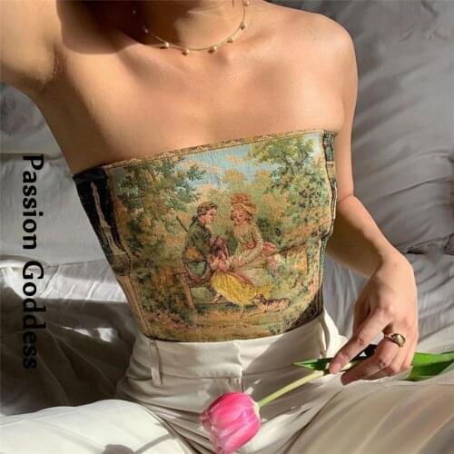 Elegant Women Oil Painting Printed Tube Tops Summer Slim Strapless Back Lace-up Bandage Vest Off Shoulder Bustiers Y2K Crop Top