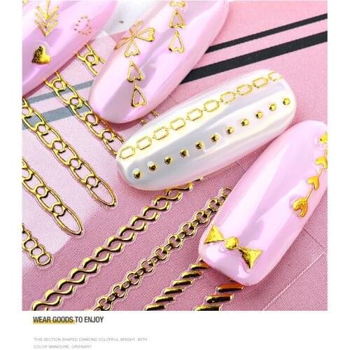 3D Gold Metal Nail Beauty sticker Rivet Manicure Stickers Chains Heart Clover Geometry Bow Arrow Cross Crown Shaped Nail Decal