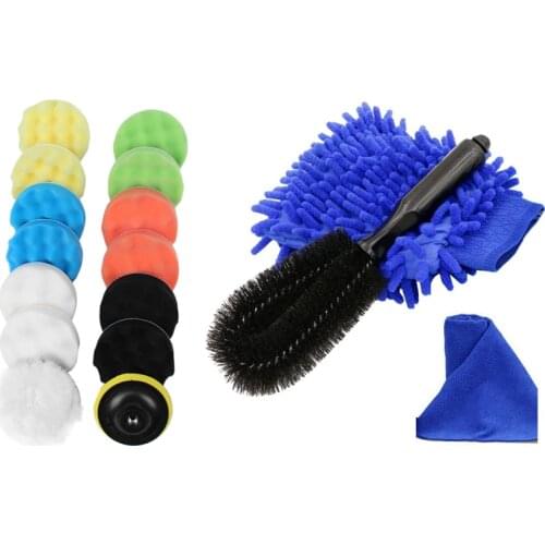 15X 4Inch Polishing Waxing Buffing Woolen and Sponge Pads Kit and Car Wheel Cleanning Brush, Wheel and Component Brush