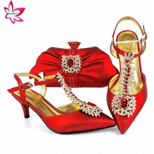 2021 Christamas Party Shoes and Bag for Evening Dress in Red Color Nigerian Women Sandals with Shinning Crystal for Party