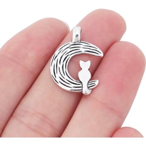 30 x Tibetan Silver Moon & Cat Charms Pendants Beads for Necklace Bracelet Jewelry Making Findings 25x18mm