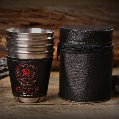4pcs/lot 70ml Outdoor Camping Tableware Travel Cups Set Picnic Supplies Stainless Steel Wine Beer Cup Whiskey Mugs PU Leather