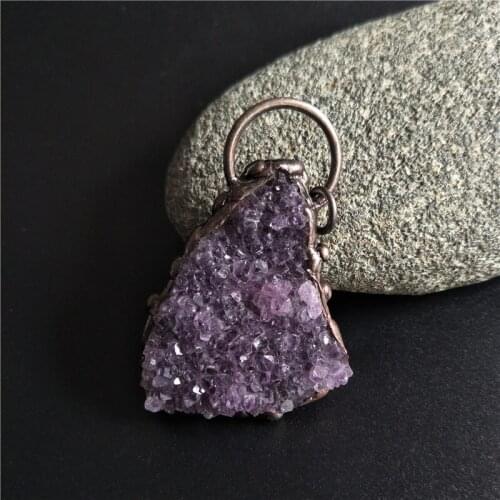 FUWO Hot Sale Amethysts Pendant With Antique Copper Plated Brass Accessories Raw Quartz Drusy Meditation Retro Jewelry PD369