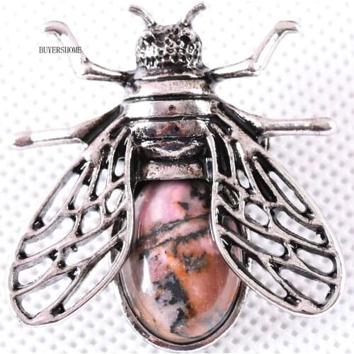 37x37MM Cicada Brooch Natural Stone Pink Rhodonite Bead Pendant For Men Women Jewelry Gift 1Pcs K628