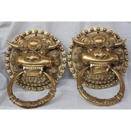 China Dynasty palace Pure Brass Iion Foo Fu Dog Statue Door knocker Pair