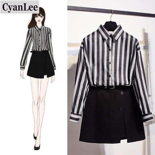 2 Piece Sets Women 2020 Autumn Turn Down Collar Stripe Shirt And With Belt A-line Split Skirt Twinset Girls Students Women Sets