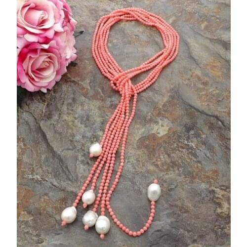 Beautiful 40" 3row 4mm Pink Coral White Keshi Pearl Necklace