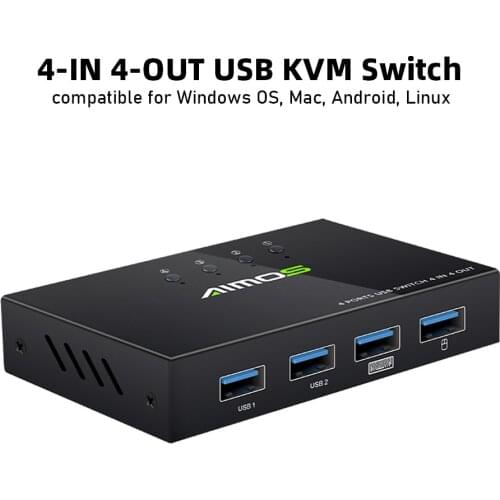 AIMOS USB KVM Switch USB 2.0 Switcher KVM Switch for Windows10 PC Keyboard Mouse Printer 4 PCs Sharing 4 Devices USB Switch