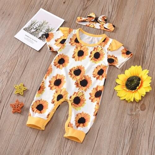 Fashion Sunflower Pattern Bodysuit for Newborns 0-24 Months Short Sleeve Romper Spring Baby Girl Costume With Head Wear