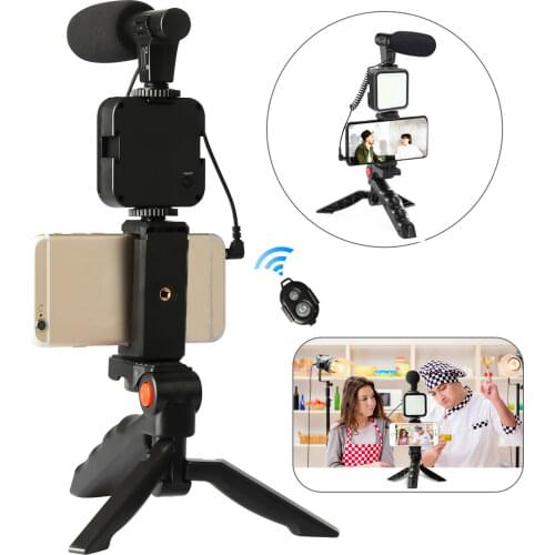 Smartphone LED Vlog Video Kit Audio Record Microphone Tripod Bluetooth Remote Tripod Holder for Vlogging Photography