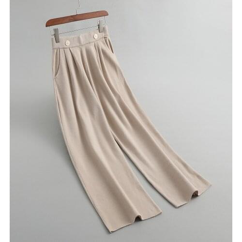 2020 Autumn High Waist Long Knitted Straight Ankle Length Women Warm Wide Leg Pants Female Trousers