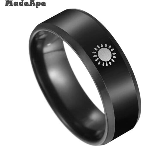 MadApe Hot Sale 8mm Wide 316L Stainless Steel Black Color Signet Ring For Women Engraved Sun Symbol Men Ring Dropshipping