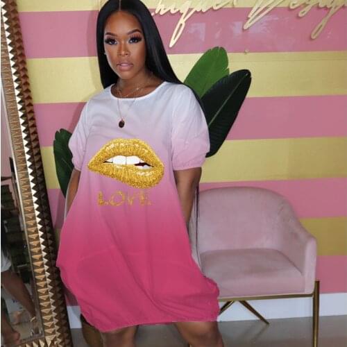 TNNAOFF Plus Size Color Gradient Loose Midi Dress for Women Sexy Lips Print Short Sleeve Streetwear Club Cute Pockets Dresses
