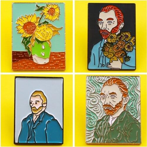 Sunflower Enamel Pin Van Gogh Badges Custom The Starry Night Brooches Bag Lapel Pin Badge Plant Jewelry Gift for Kids