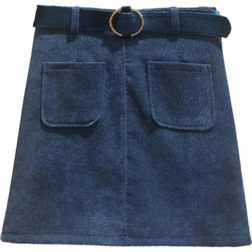 PERHAPS U Black Blue Casual Solid A-line Sash Pocket Corduroy Mini Short Empire Skirt Autumn Winter S0114