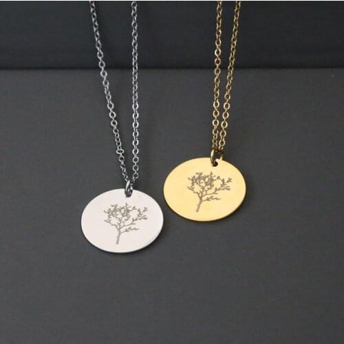 Simple Cute Small Tree Carved Round Tag Pendant Chain Necklaces for WomenTrendy Stainless Steel Pattern Drop Choker Neck Jewelry