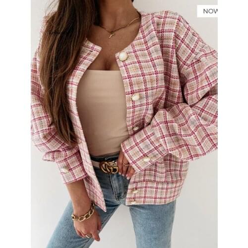 Spring Blue Tweed Plaid Jacket Coat Vintage Office Ladies Uniform Outfit Veste Chic Tops Women Abrigos Mujer Invierno