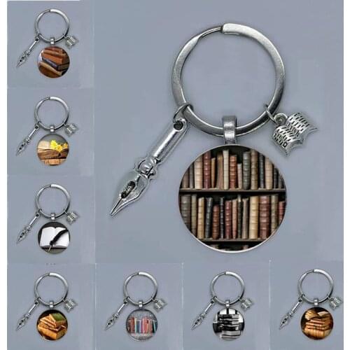 Vintage Fountain Pen Book Pattern Glass Convex Pendant Library Bookcase Keychain, Student Teacher Gift Librarian 25mm Handmade J