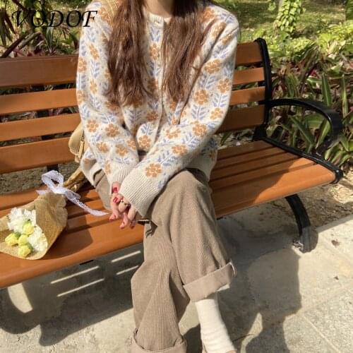 VODOF 2021 Autumn Winter Womens Sweaters Korean Style Plaid Checkered Knitted Buttons Cardiagans Ladies Knitwears