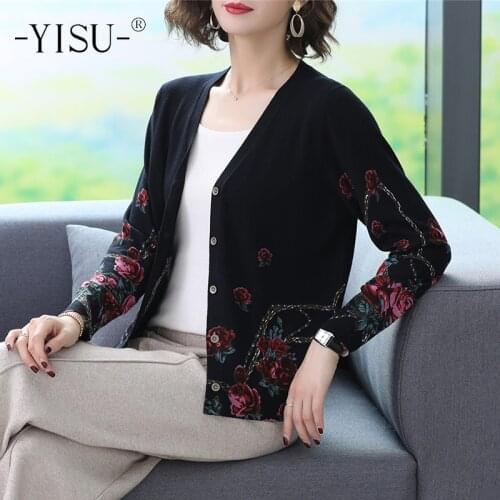 YISU Women Sweater Coat Jumper Floral print Cardigan Knitted Coat Autumn Winter V Neck Long sleeve Soft Fashion Cardigan Women