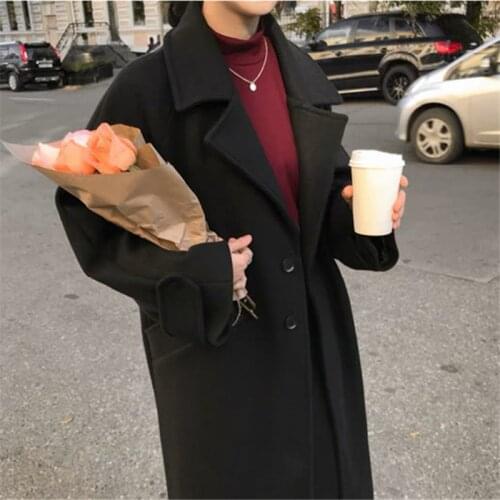 2021 Autumn Winter New Woolen Coat Women Korean Plus Size Black Wild Wool Jacket Female Fashion Long Loose Ladies Overcoat S2284