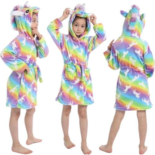 2020 Winter New Rainbow Unicorn Baby Girls Hooded Kigurumi Bathrobe Children Pajamas Girls Kigurumi Unicorn Pajama for 2-11Years