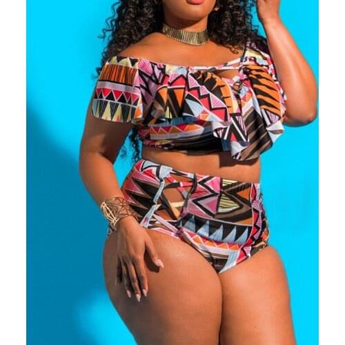 2021 Ladies New Sexy Bikini Set High Waist Plus Fat Plus Large Size Color Print Swimsuit Retro Halter Bandage Bikini Plus Size