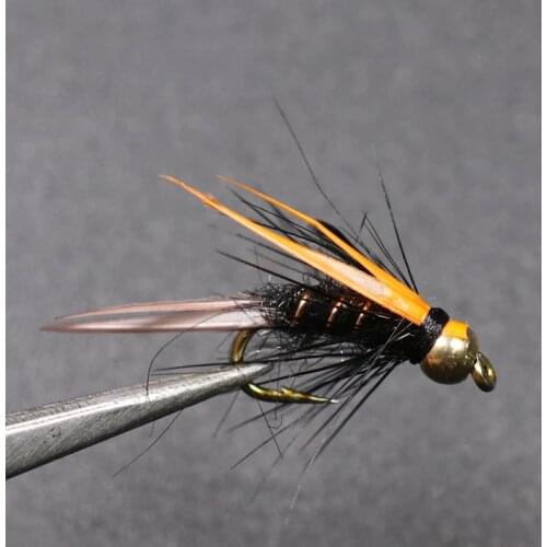 Bimoo 10PCS #12 Brass Golden head Trout Grayling Fishing Flies Wet Fly Bead Head Crazy Black Psycho Prince Nymph