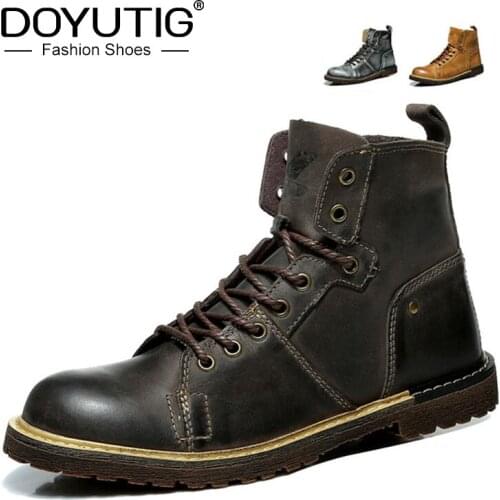 DOYUTIG Winter Style Womens Real Cow Leather Hoof Heel Boots Lady Warm Wool Lining Middle Boots Trendy Women Boots Shoes AA003