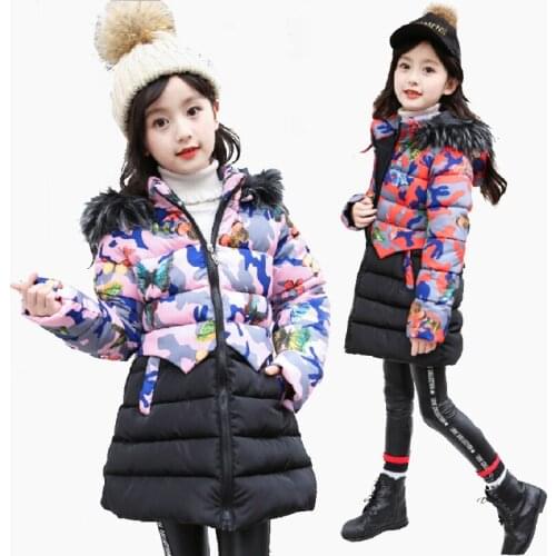 Girls' cotton jacket 4-12 years old childrens down jacket printed cartoon butterfly camouflage splicing winter jacket