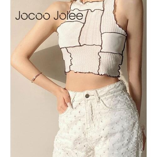 Jocoo Jolee 2021 Women Summer Slim Sexy Patchwork Edible Tree Fungus Tank Tops Casual Elegant Navel Round Neck Basic Top
