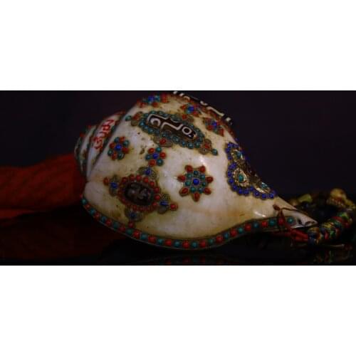 9"Tibetan Temple Collection Old Natural conch mosaic Gem Dzi Bead Snail river snail Dharma Ornaments Town House Exorcism