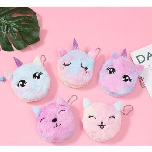 Unicorn Coin Purse Cute Cat Fur Circle Wallet Girl Clutch Embroidered Bag Key Earphone Organizer Pouch Kids Gift